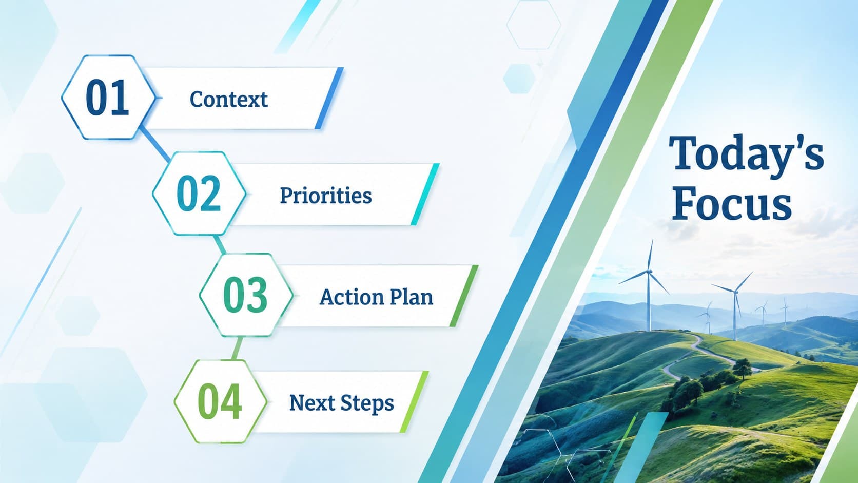 Blue-green corporate agenda slide presenting four sections in an editable geometric layout.