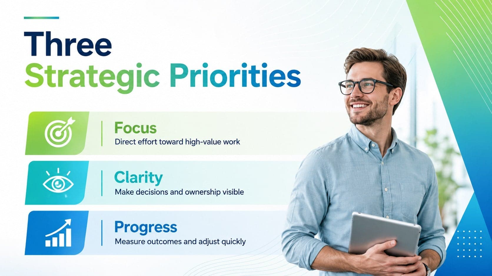 Editable corporate presentation template showing three strategic priorities with geometric icons.