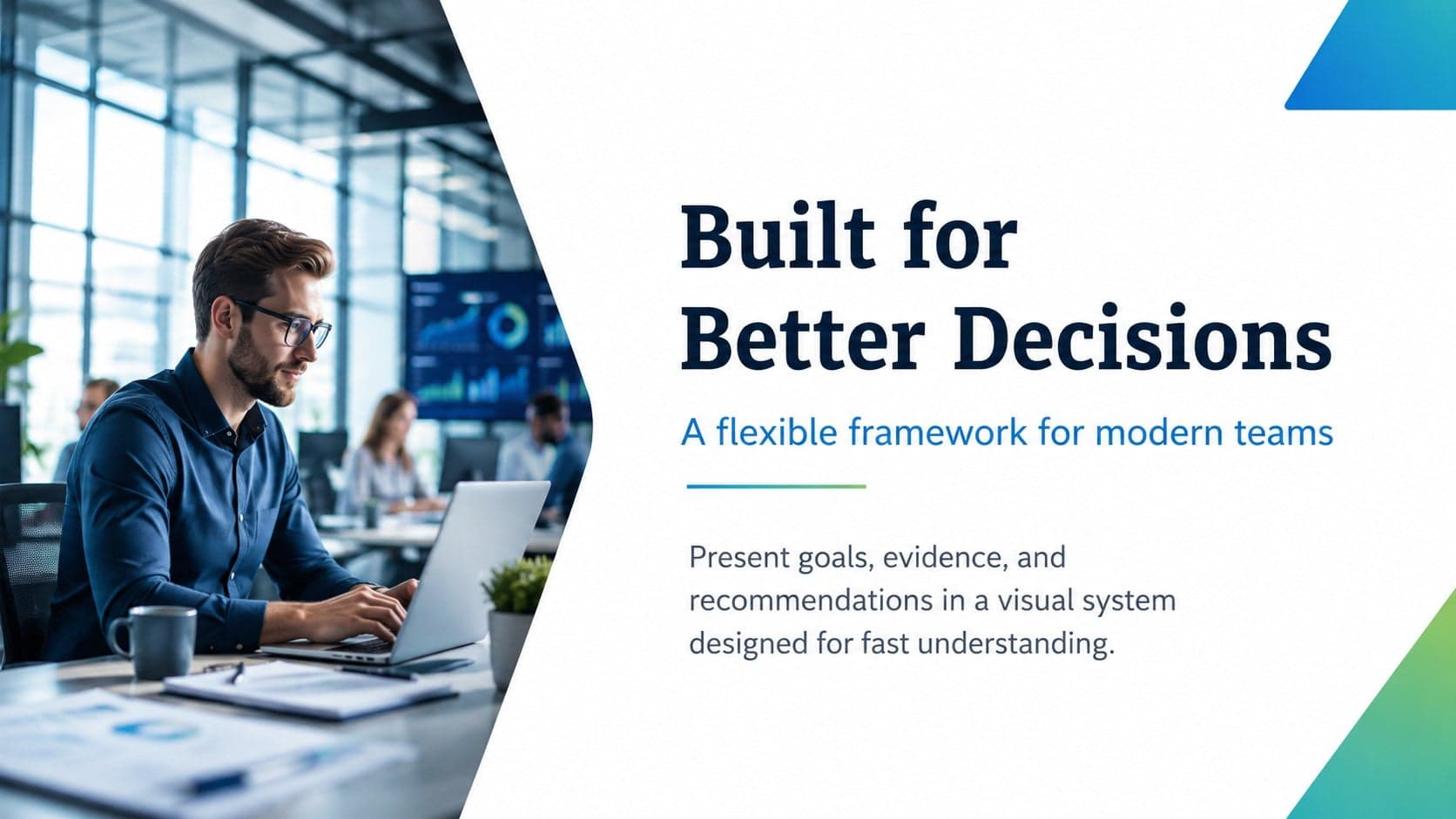 Modern blue green business presentation slide with a large photo area and company overview text.
