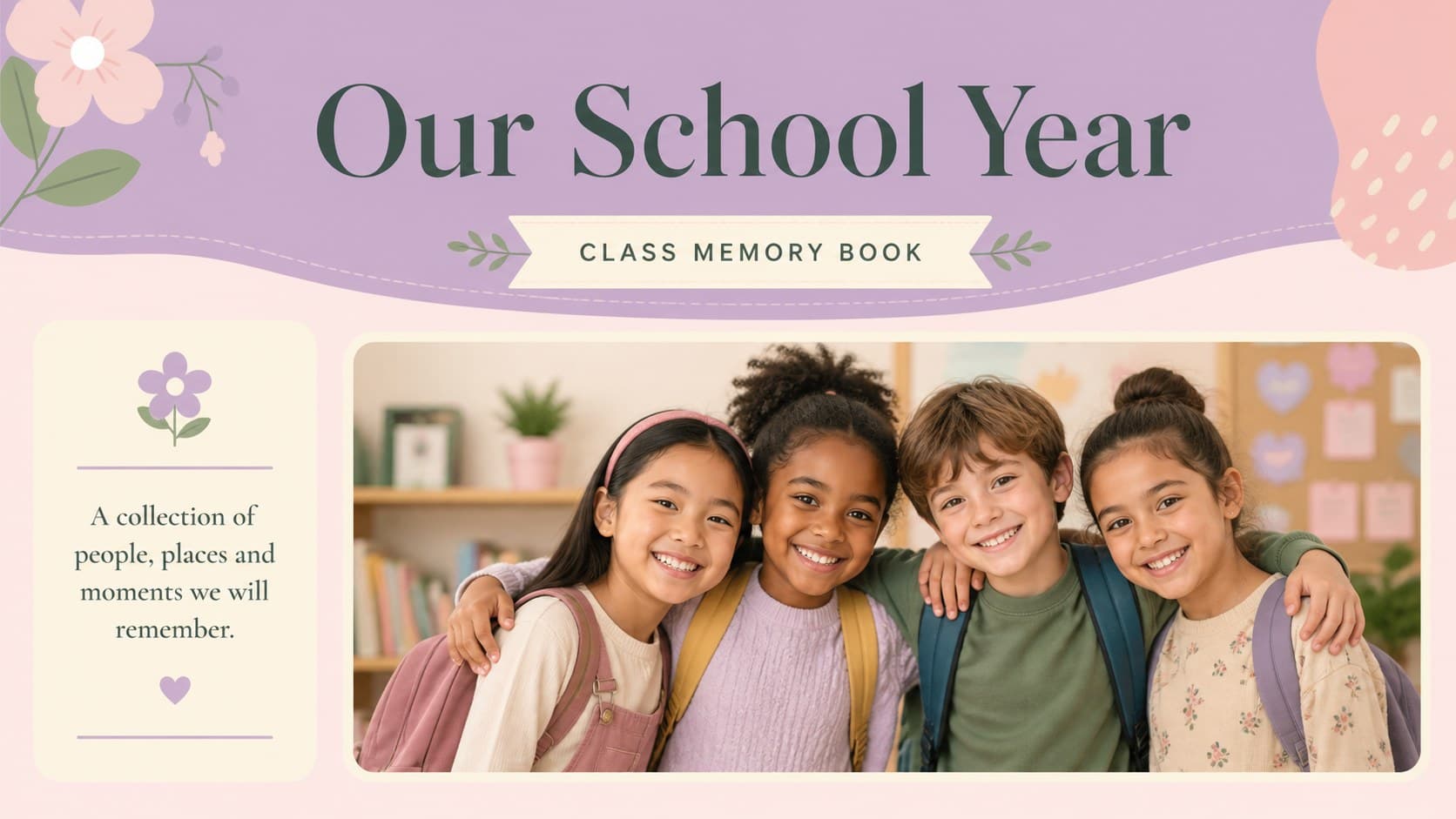 Opening school memories page with a pastel floral border, class introduction, and space for a group photograph.