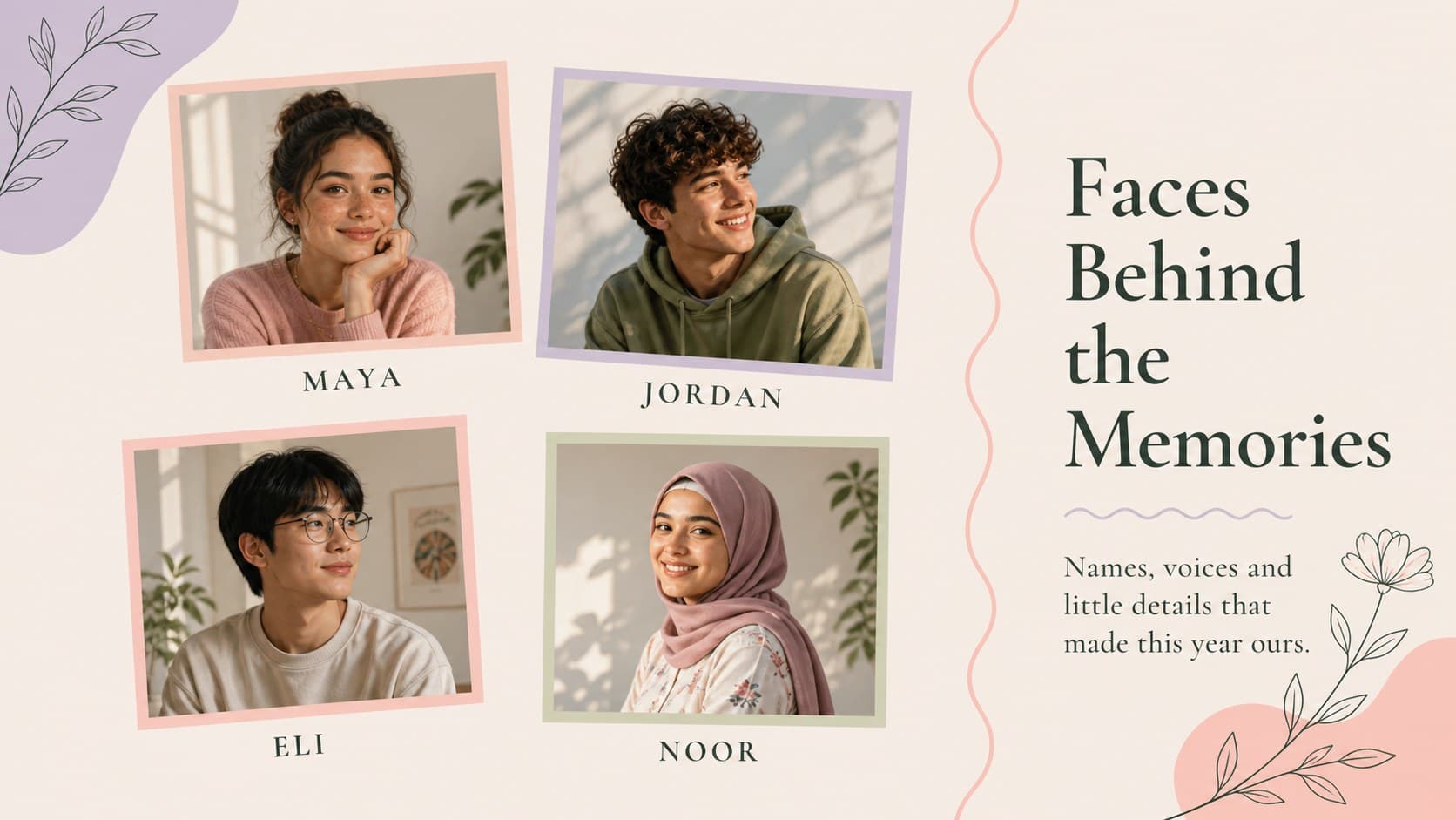 Student portrait layout showing editable profile cards, names, and short personal memories in a pastel floral style.