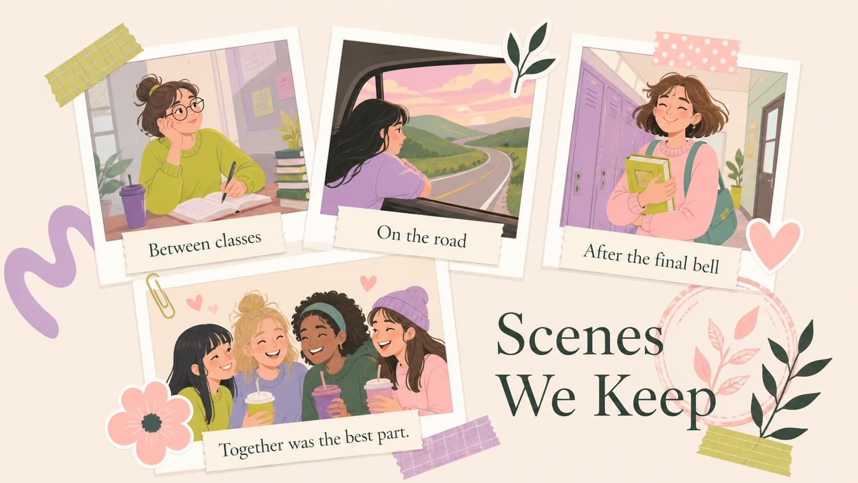 Pastel photo collage page with layered snapshots, captions, and floral scrapbook details for a class memory deck.
