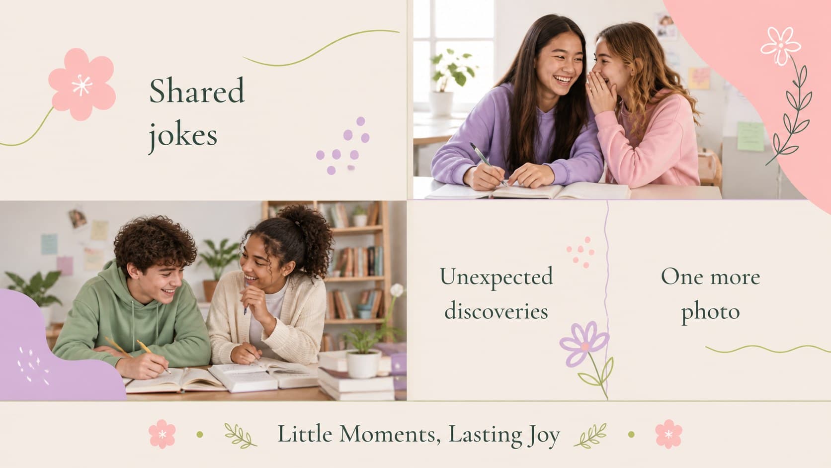 Favorite moments page with a four-part photo grid, short captions, and pastel pink and green floral styling.