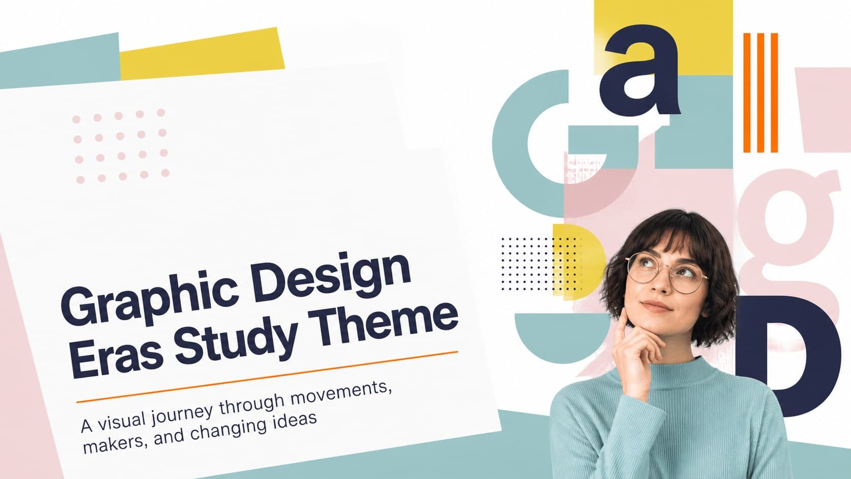 Cover slide for a graphic design eras study theme with colorful geometric forms and a bold historical design headline.