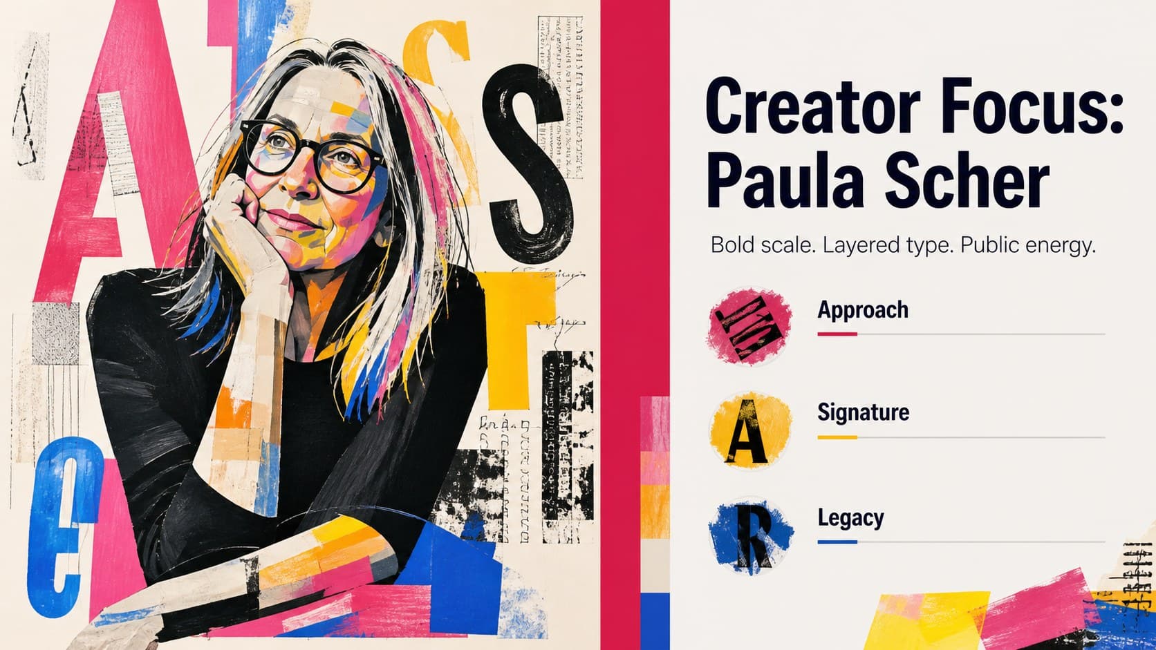 Designer profile slide featuring a fictional creator study with timeline facts and colorful geometric framing.