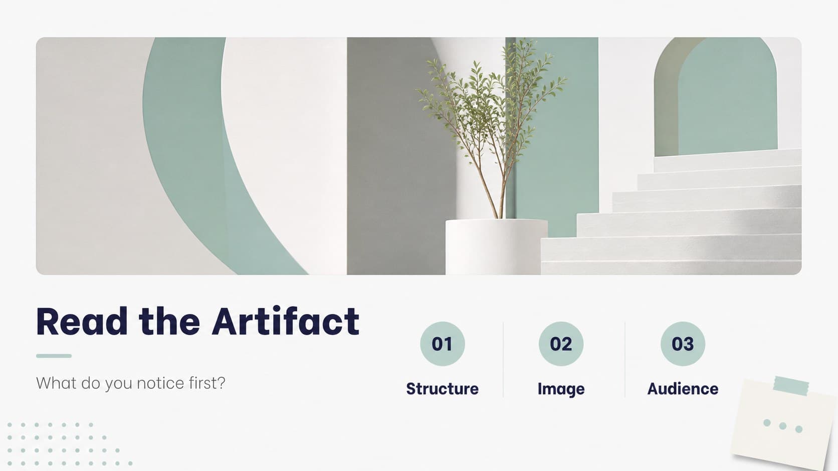 Visual example slide displaying a curated design artifact area with notes for historical interpretation.