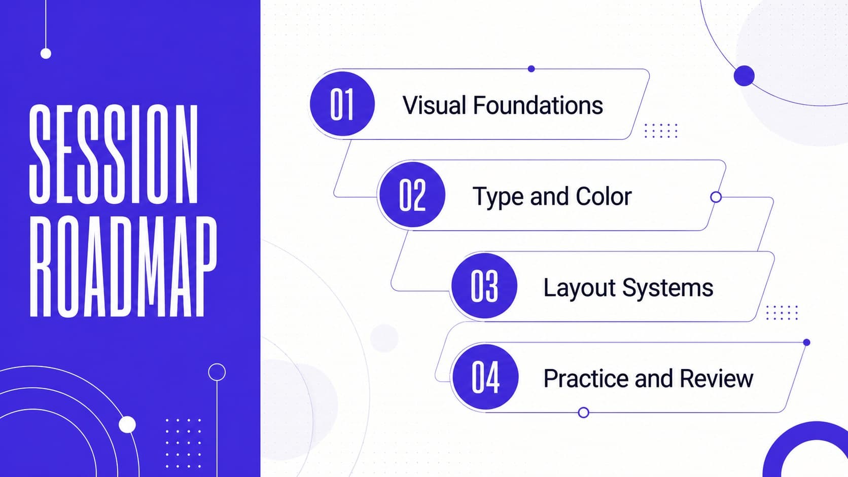 Blue-and-white design workshop agenda outlining the main graphic design fundamentals covered in the deck.
