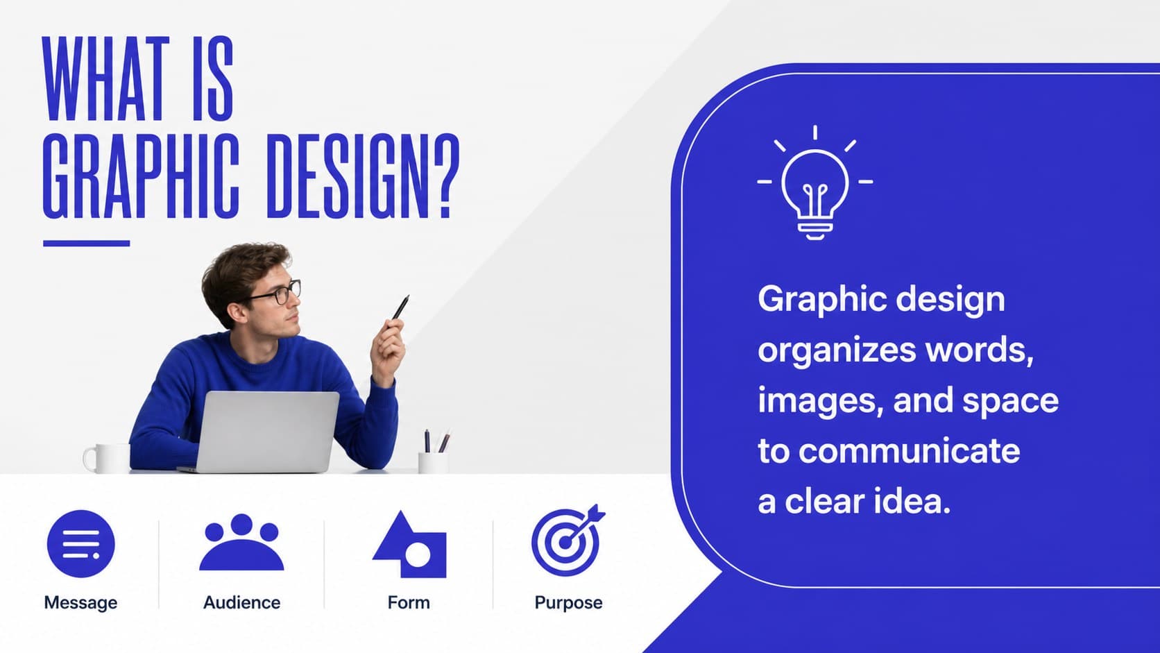 Graphic design lesson slide defining visual communication through message, audience, form, and purpose.