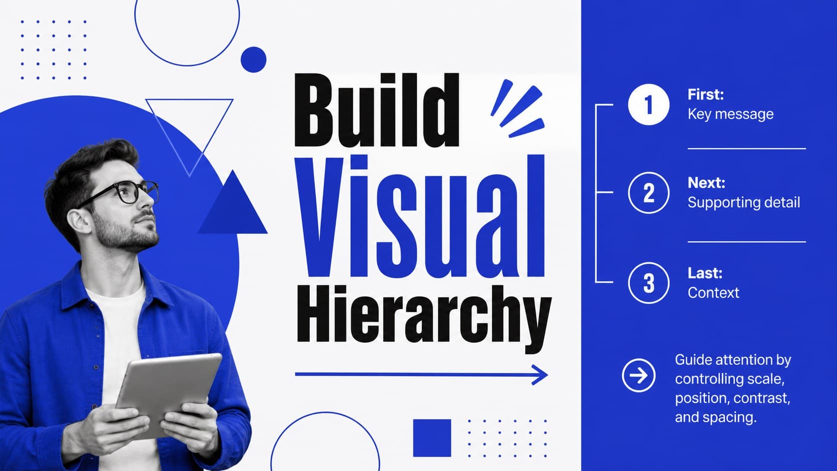 Visual hierarchy training slide showing how scale, position, contrast, and spacing guide attention.
