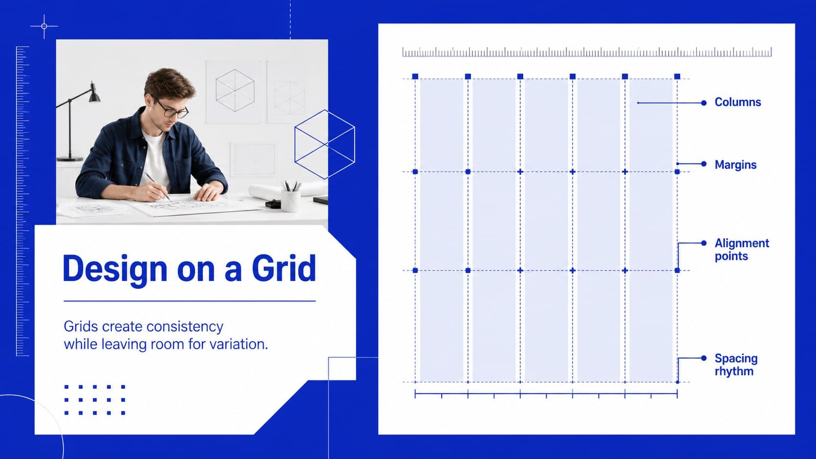 Layout grid lesson showing columns, margins, alignment points, and spacing for consistent graphic design.