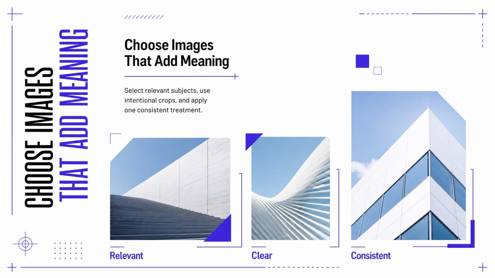 Graphic design workshop slide about choosing relevant images and applying a consistent visual treatment.