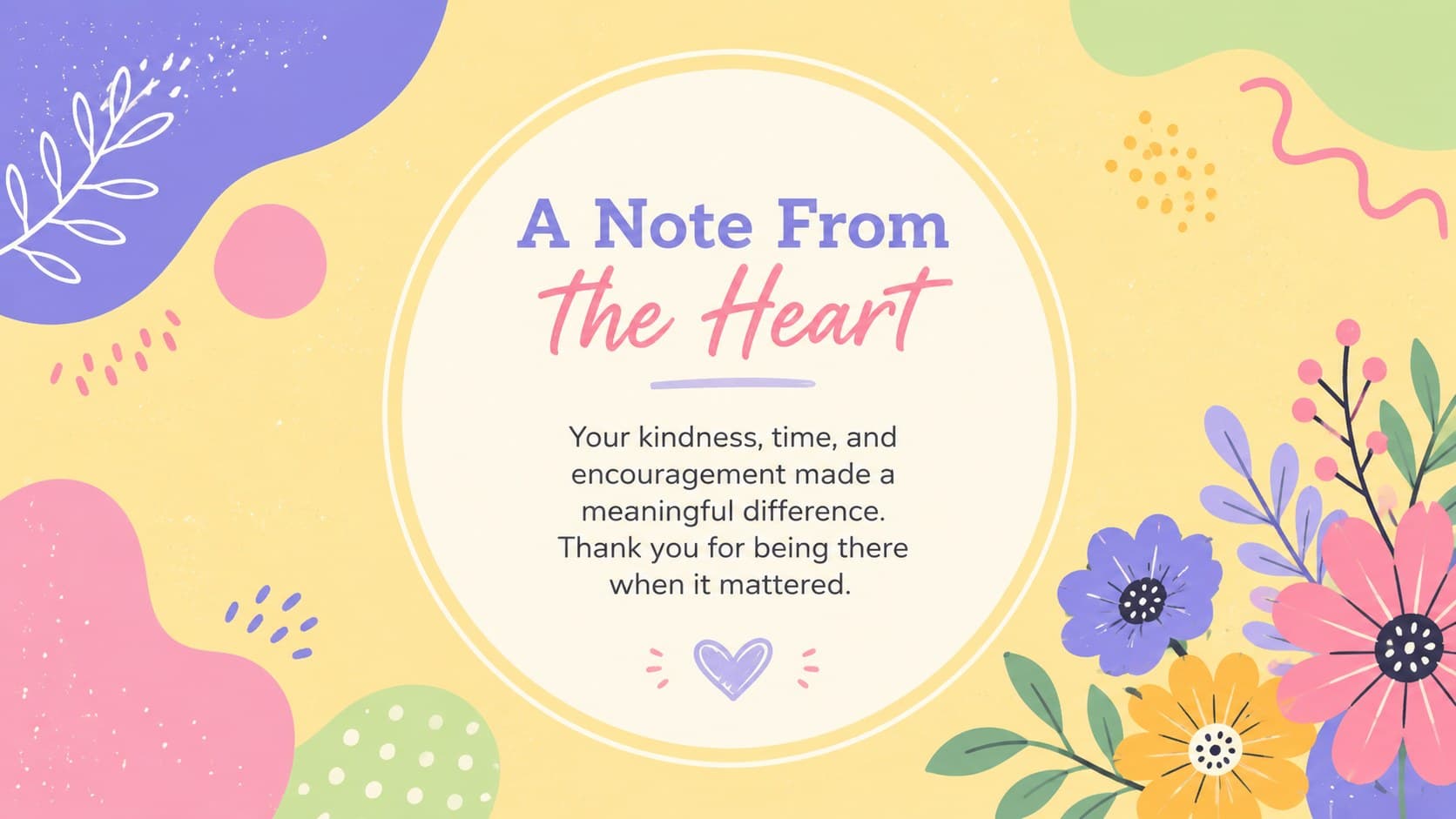 Pastel appreciation slide introducing a heartfelt message with bright yellow accents and original floral illustrations.