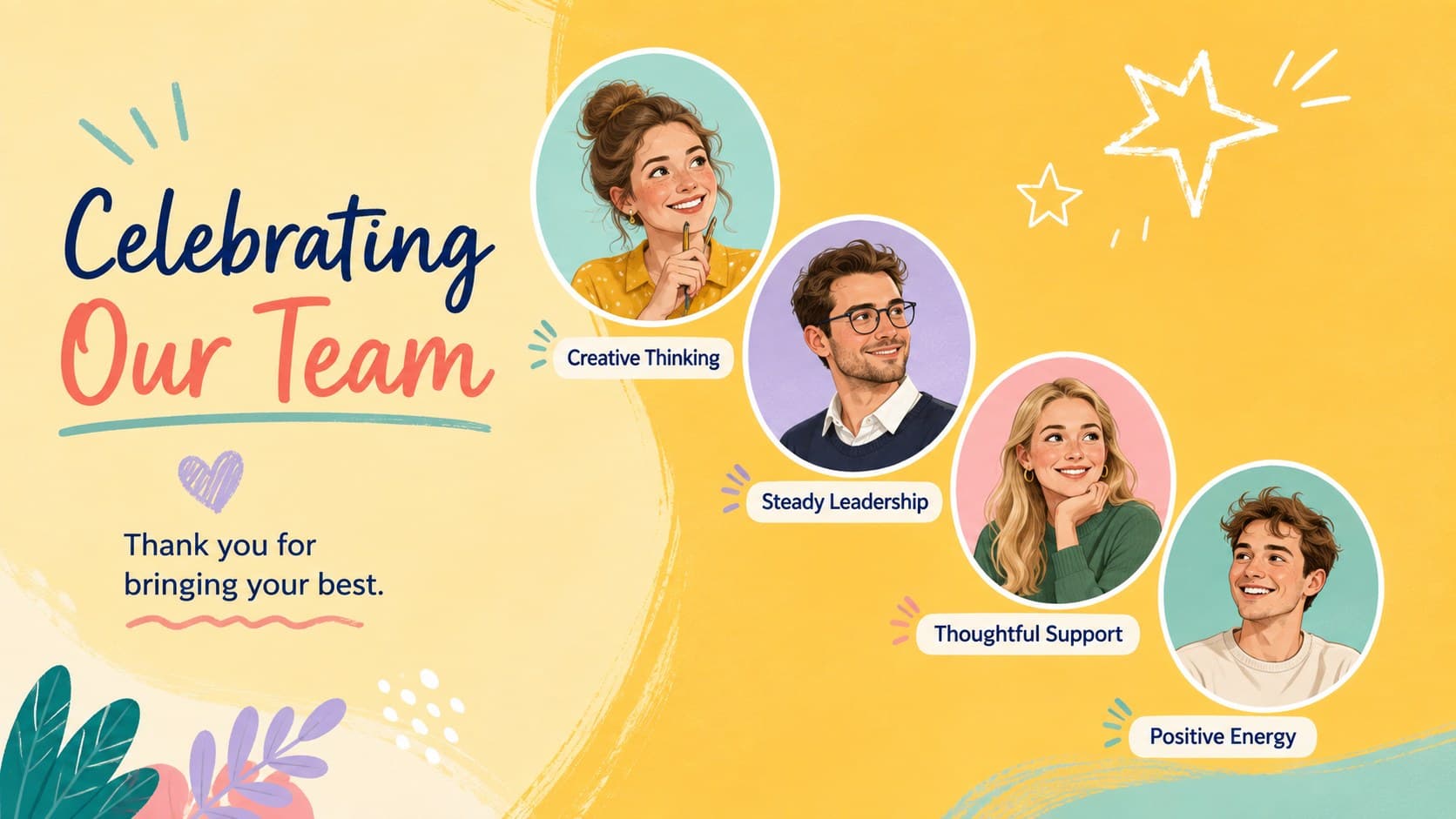 Team recognition slide with colorful portraits, names, and individual appreciation messages.