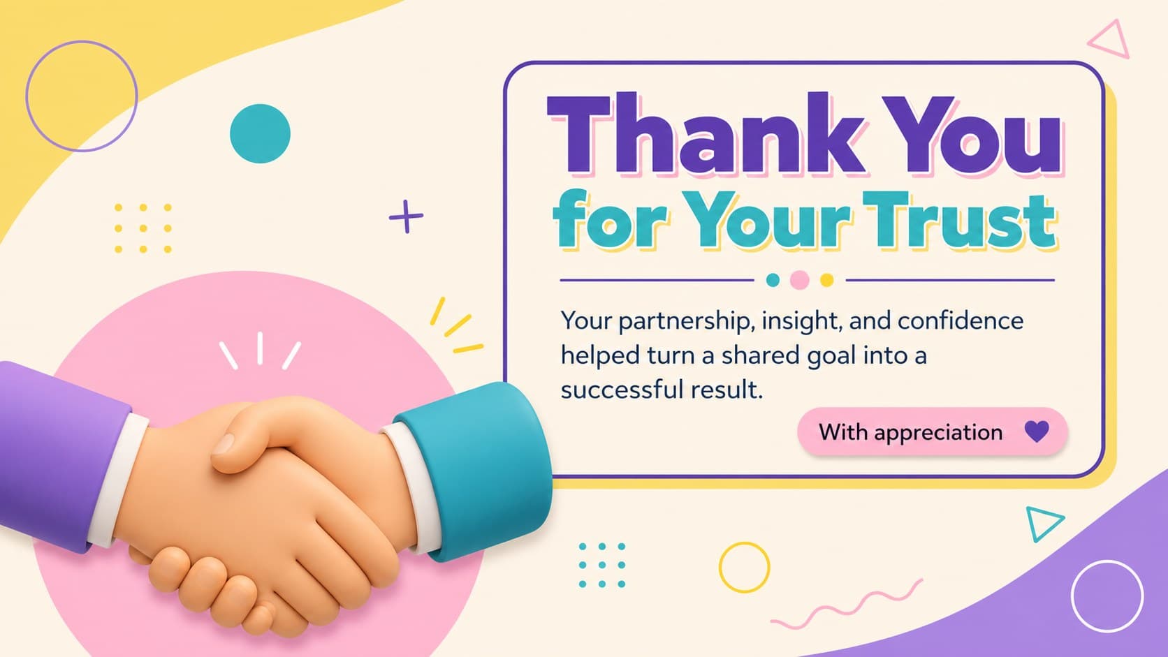 Client thank you presentation slide featuring a polished appreciation note and colorful abstract accents.