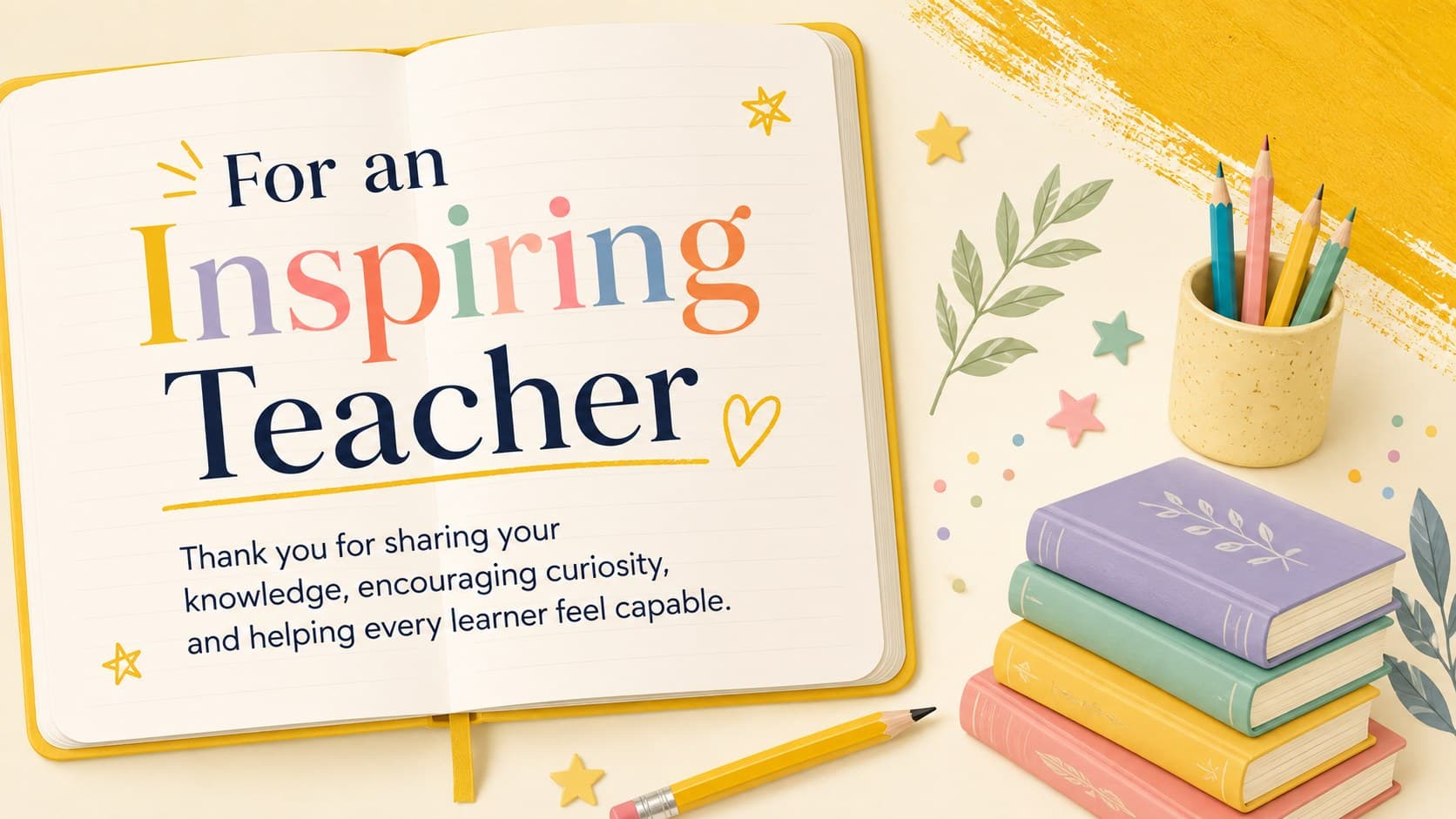 Teacher gratitude slideshow page with a warm message, school-inspired illustrations, and pastel yellow styling.