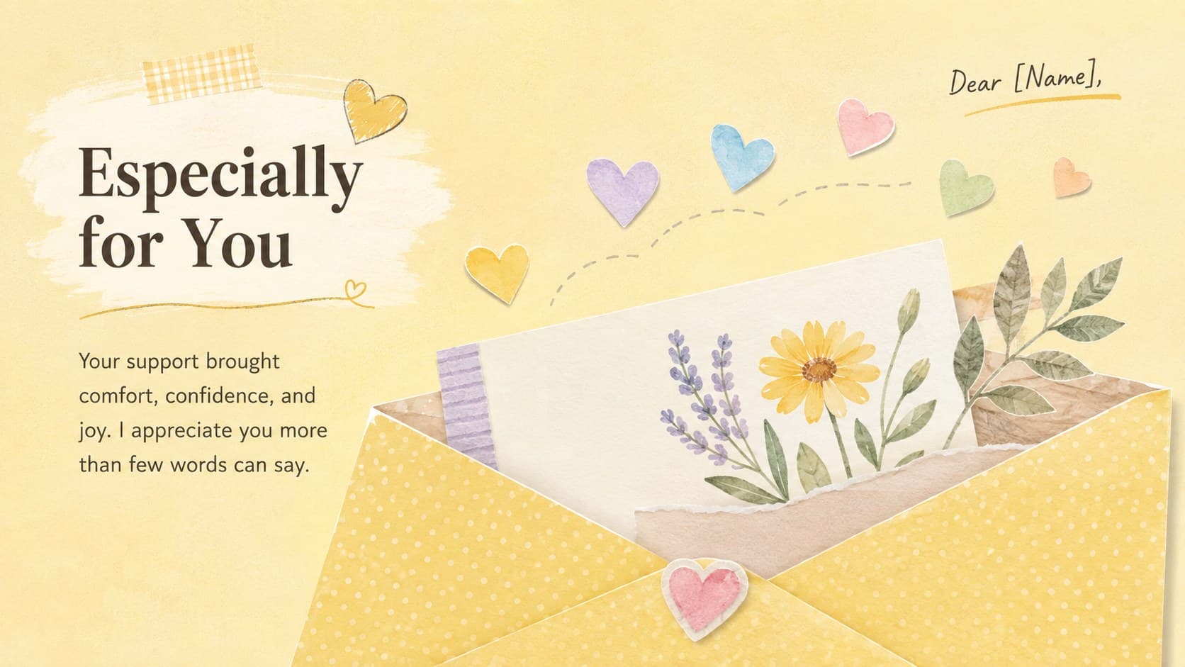 Personal thank you note slide with a customizable recipient name and cheerful illustrated envelope.