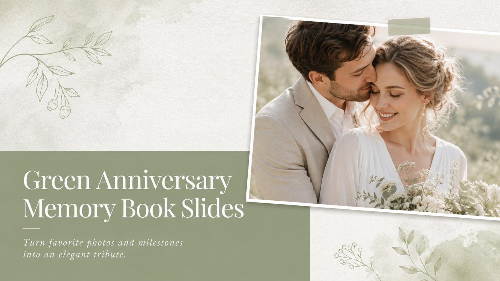 Cover for Green Anniversary Memory Book Slides with elegant typography and pastel botanical accents.