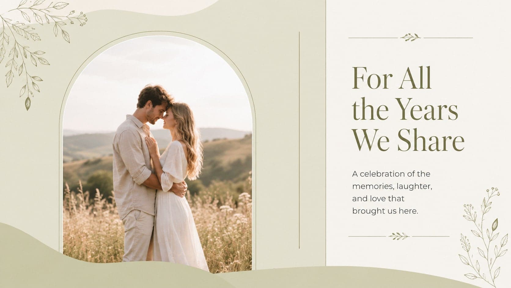 Pastel green anniversary dedication slide introducing a couple's shared story.