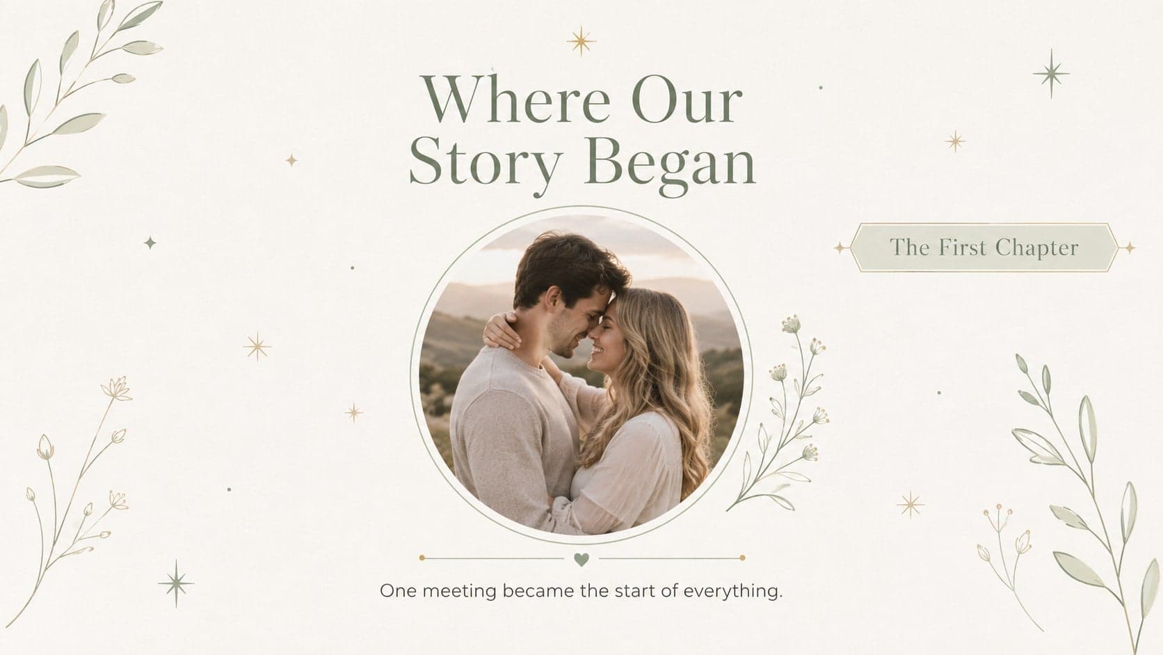 Elegant love story presentation slide marking the beginning of a relationship.