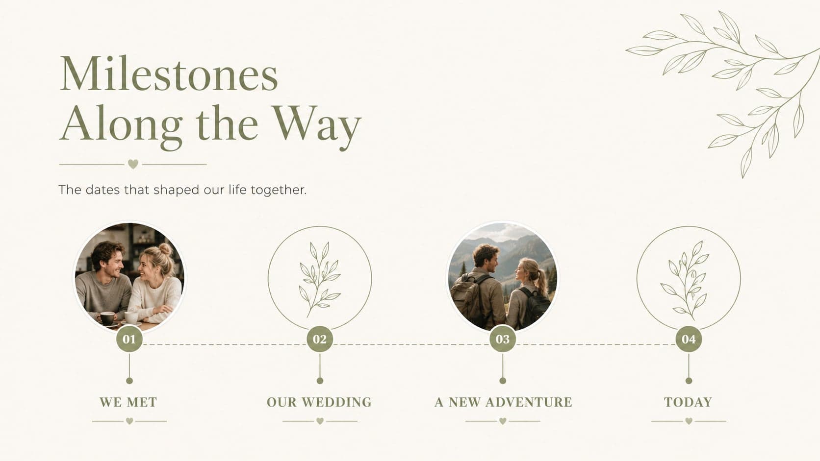 Anniversary timeline slide showing four important relationship milestones in a soft green design.
