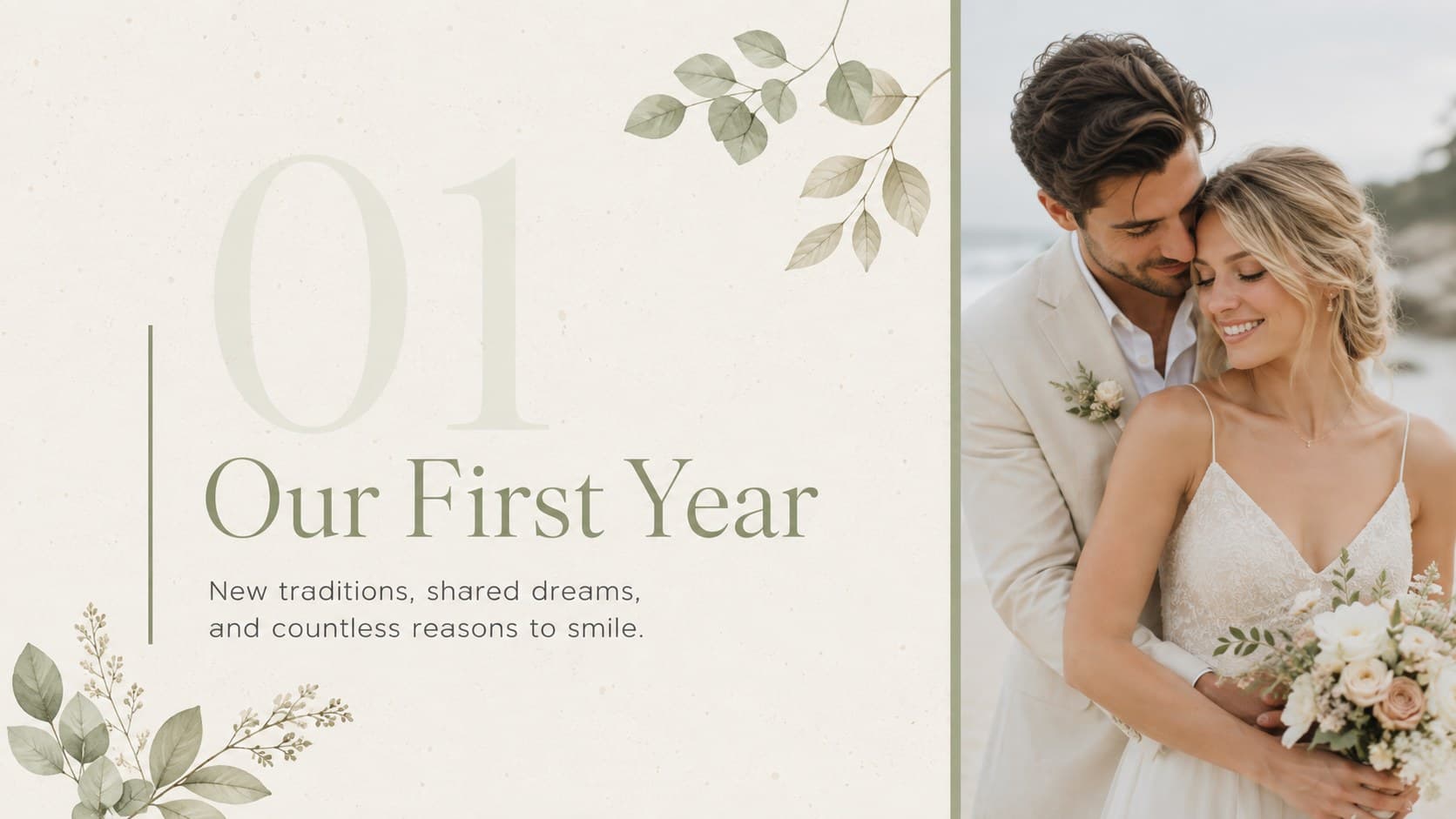 Wedding anniversary memory book slide featuring a first-year photograph and short reflection.