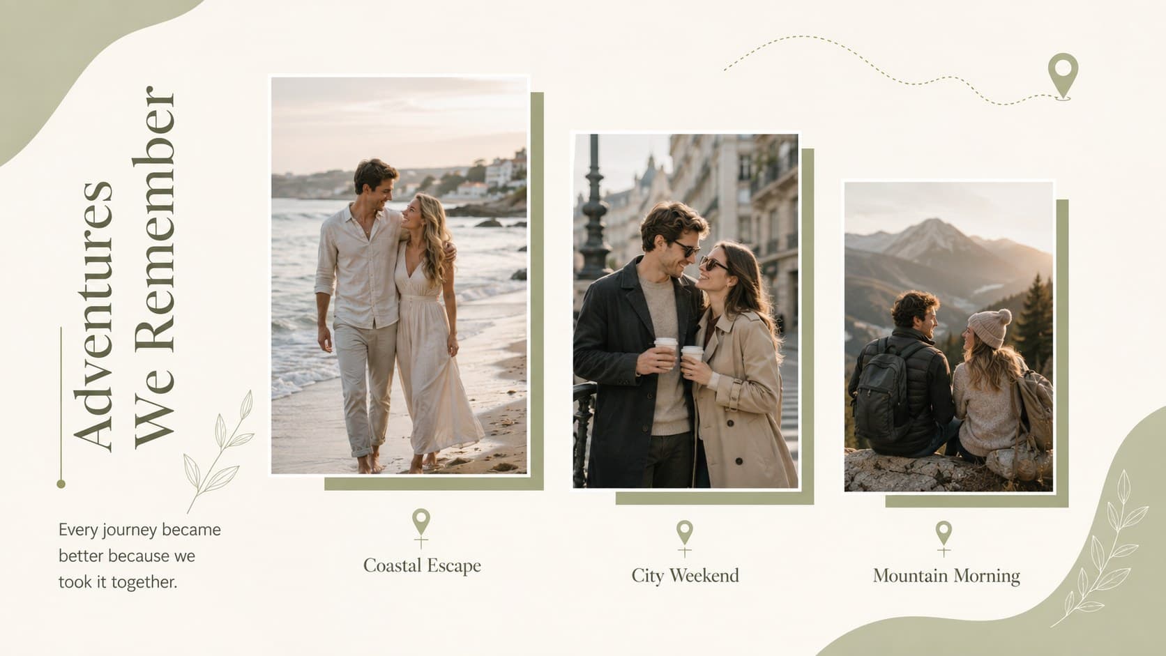Romantic anniversary photo slideshow layout displaying three favorite travel memories.