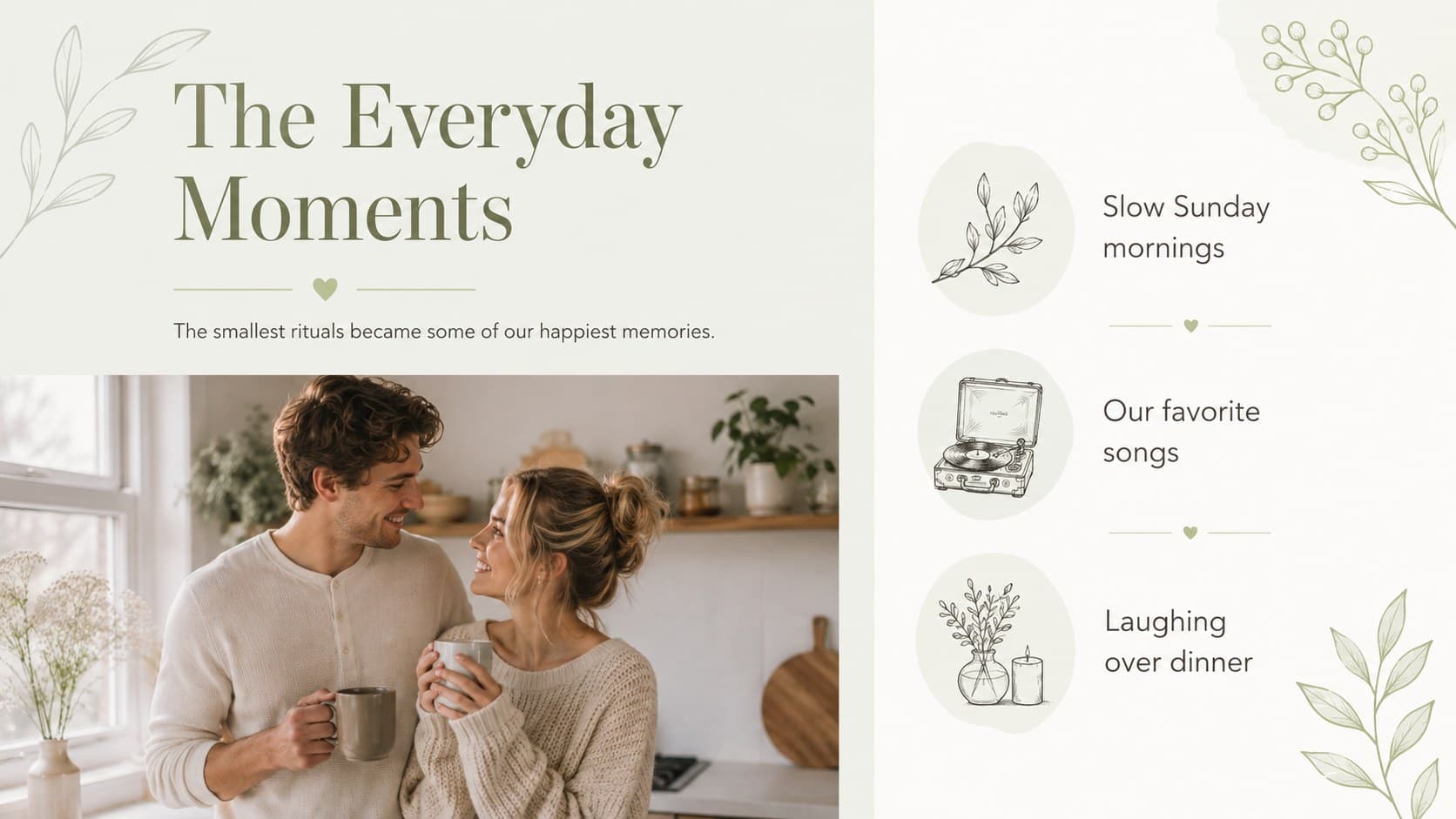 Minimal green couples memory book slide celebrating meaningful everyday moments.