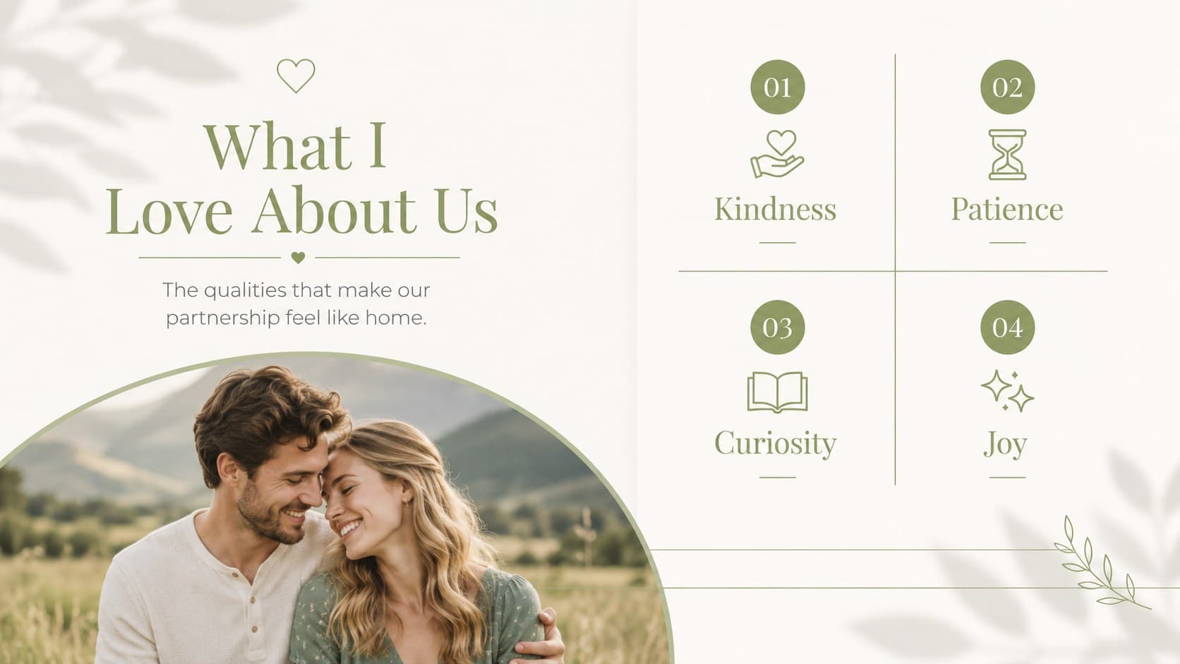 Elegant anniversary tribute slide listing cherished qualities beside a couple portrait.