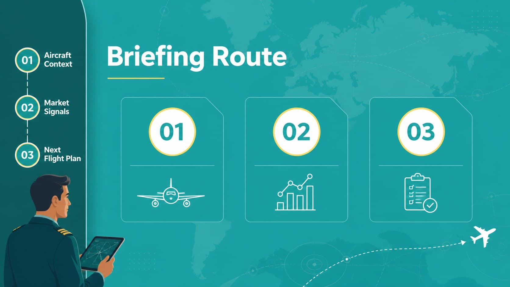 Agenda layout from green aviation briefing slides showing a structured route through an aircraft presentation.