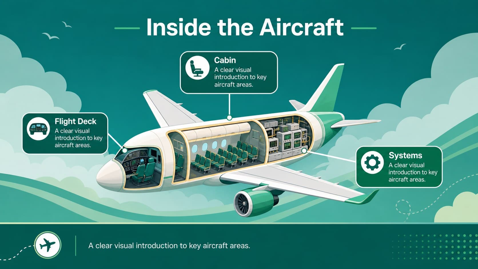 Illustrated aircraft explanation slide from a green aviation briefing presentation with labeled visual sections.
