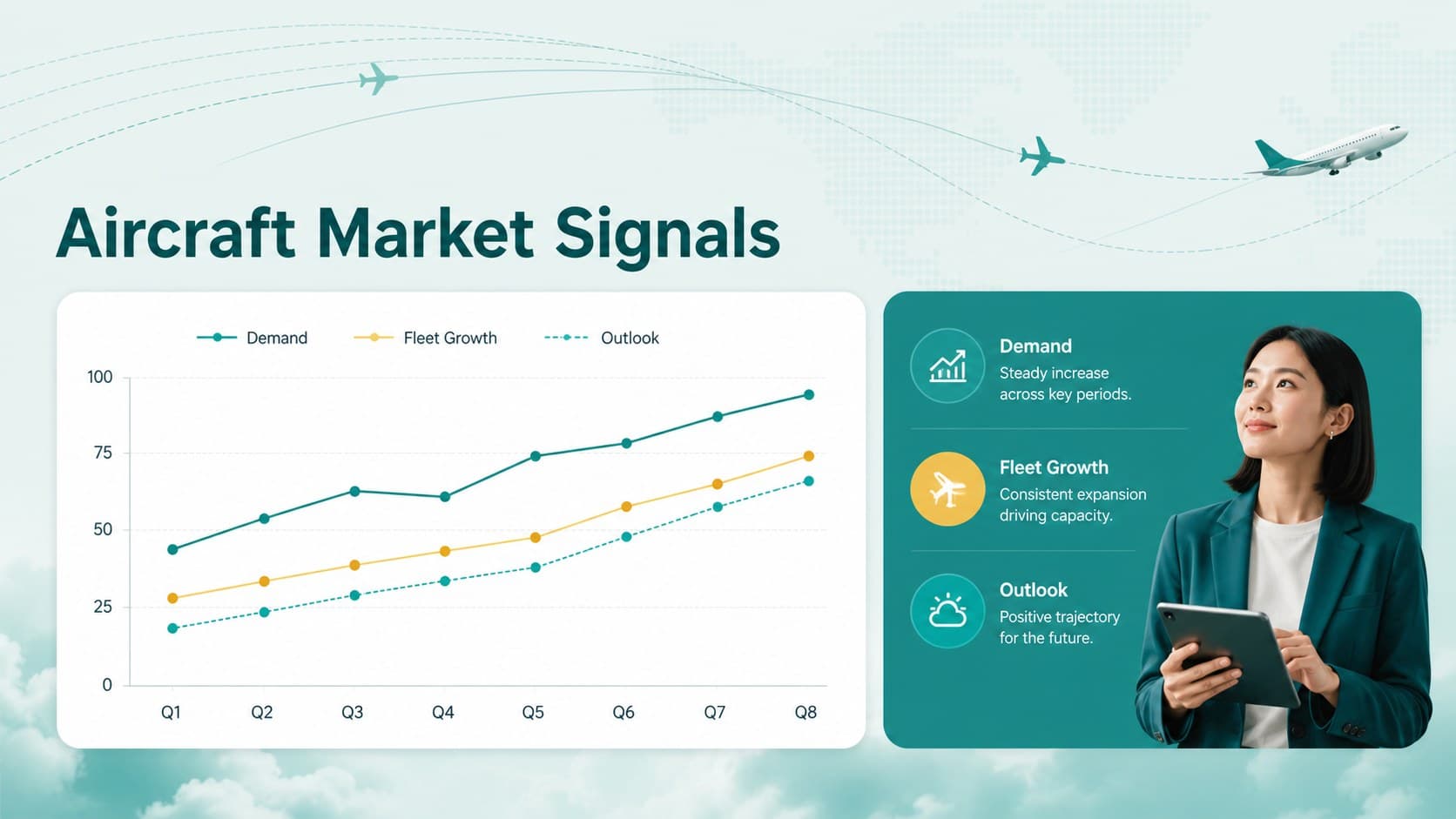 Aircraft market trends slide in a green aviation briefing deck with an editable chart and flight-path accents.