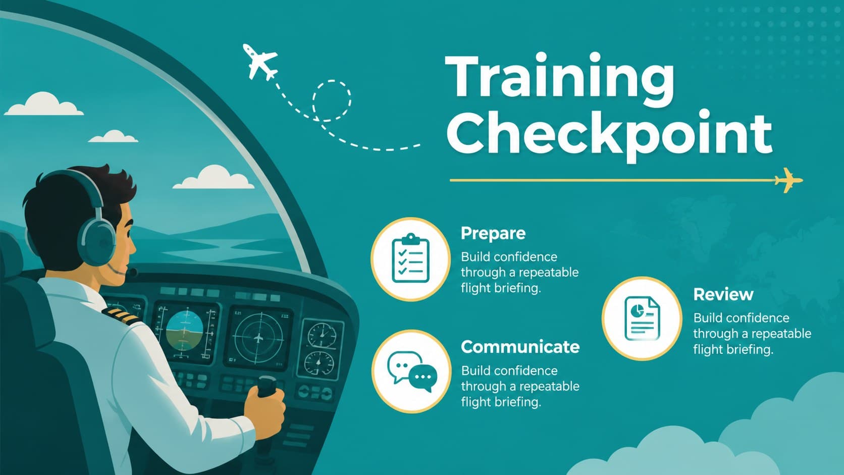 Editable aircraft presentation for training with a two-column lesson layout and illustrated flight controls.