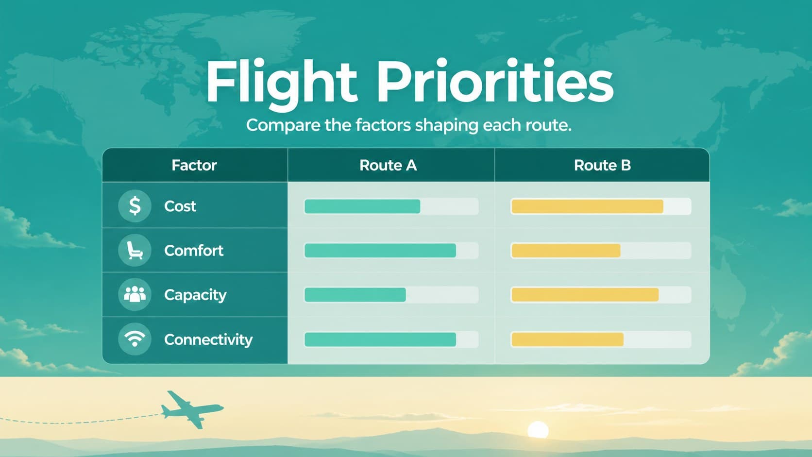 Green aviation briefing data slide comparing aircraft priorities with editable bars and concise insights.