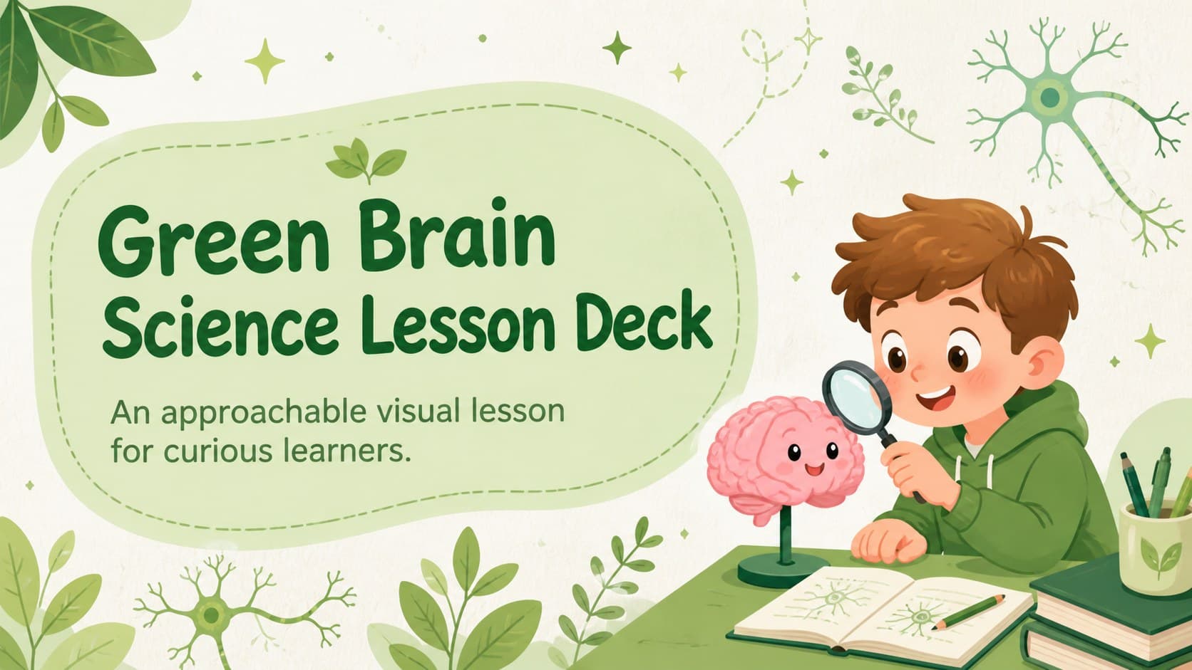 Cover of the Green Brain Science Lesson Deck with a cheerful illustrated brain and green classroom graphics.