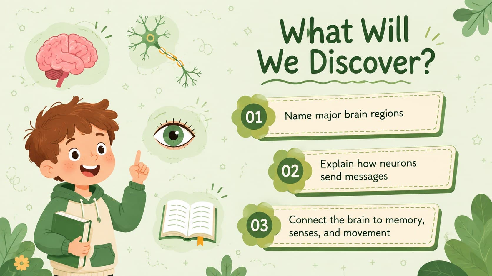 Green brain science lesson overview slide showing learning goals and illustrated neuroscience symbols.