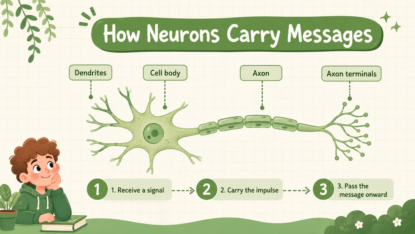 Neuron communication slide with a labeled nerve cell and a simple message pathway.