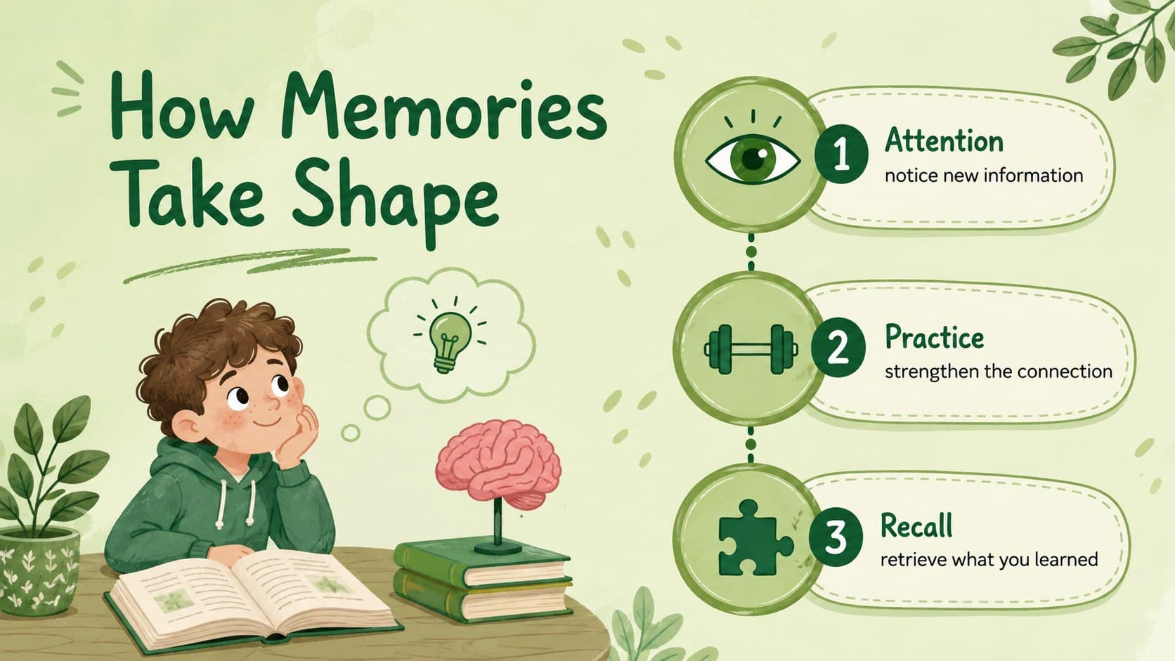 Illustrated neuroscience classroom deck slide showing how attention, practice, and recall support memory.