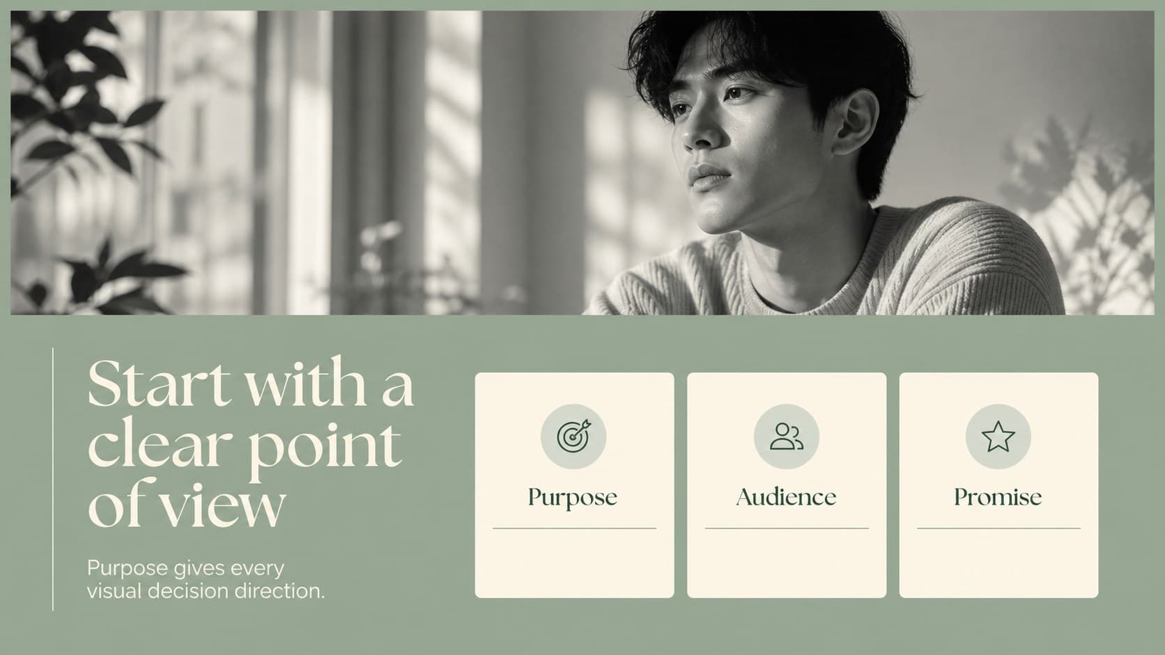Green brand presentation deck introduction slide showing a brand purpose statement beside a large editorial image.
