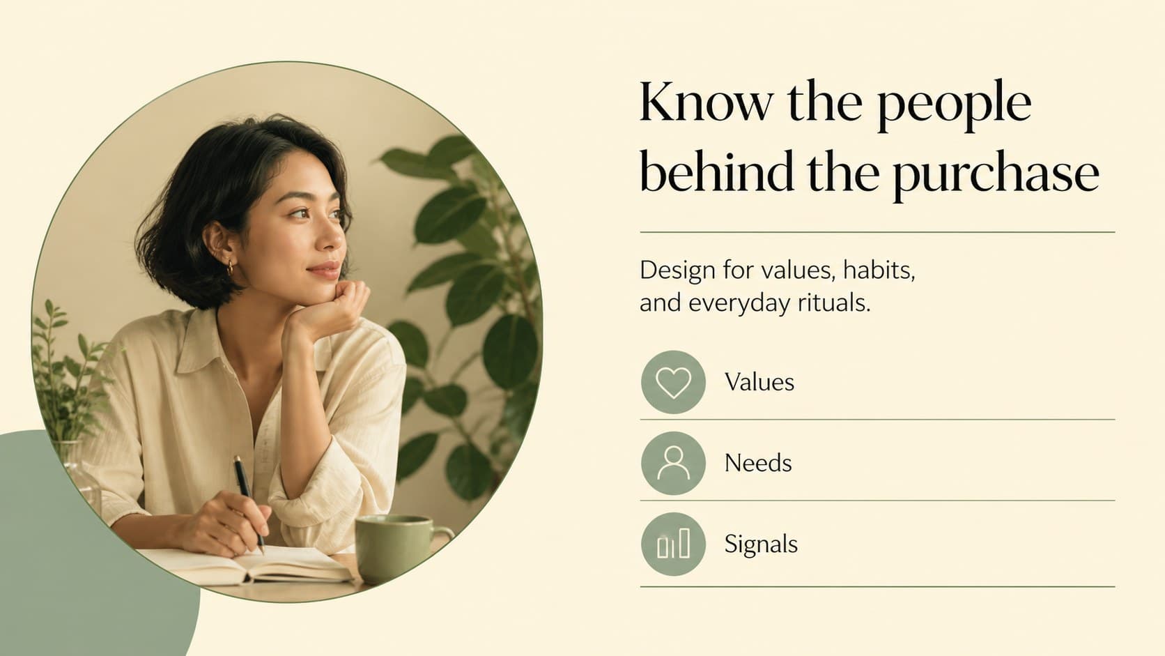 Sustainable beauty brand pitch slide presenting audience insights with a photo and concise profile details.