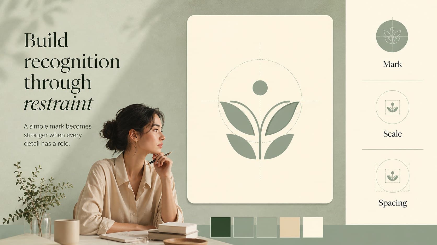 Editable visual identity deck slide displaying a logo concept alongside a minimal green and beige identity system.