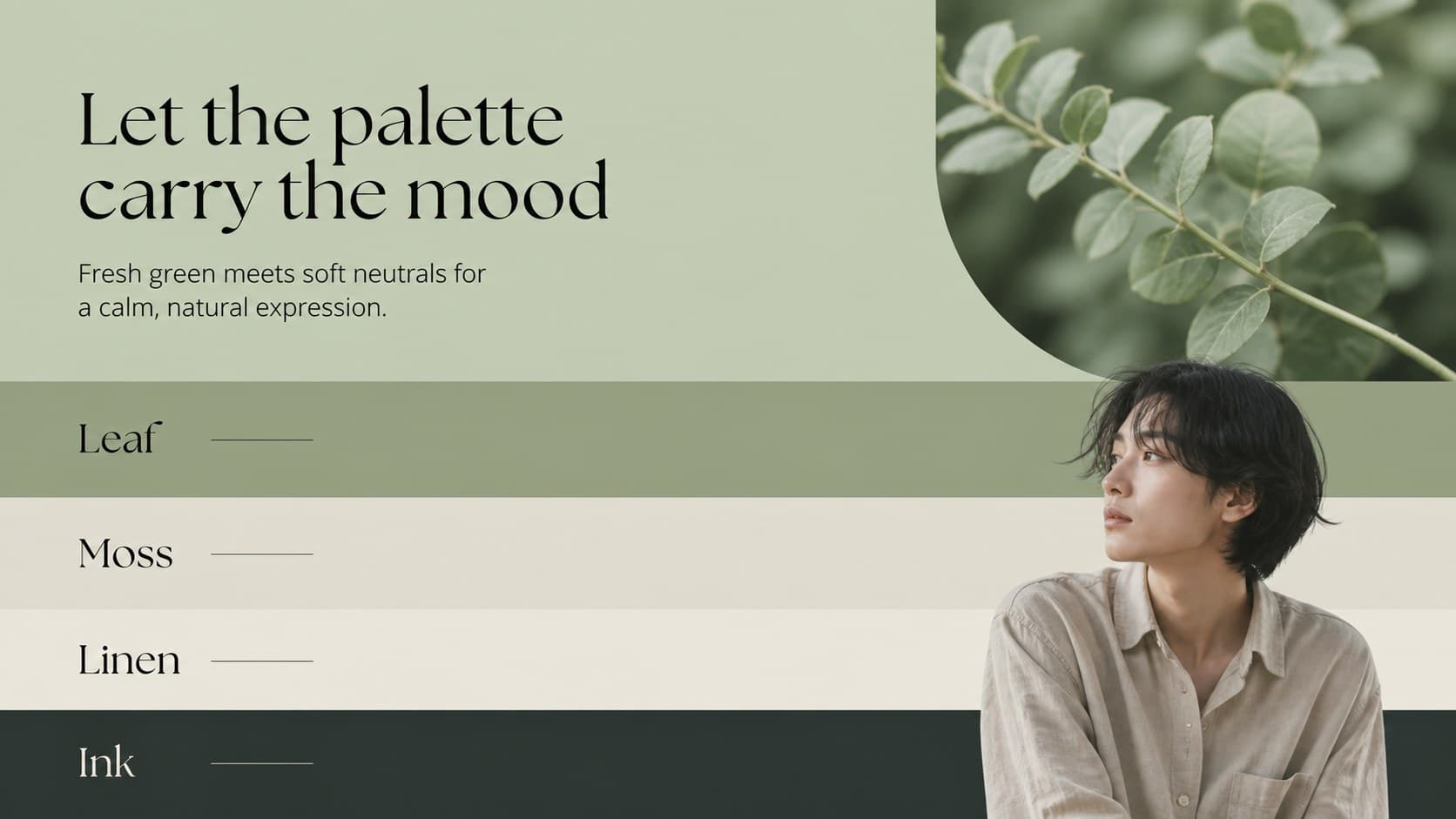 Beige green presentation theme slide showing a coordinated color palette with labeled tones and visual references.