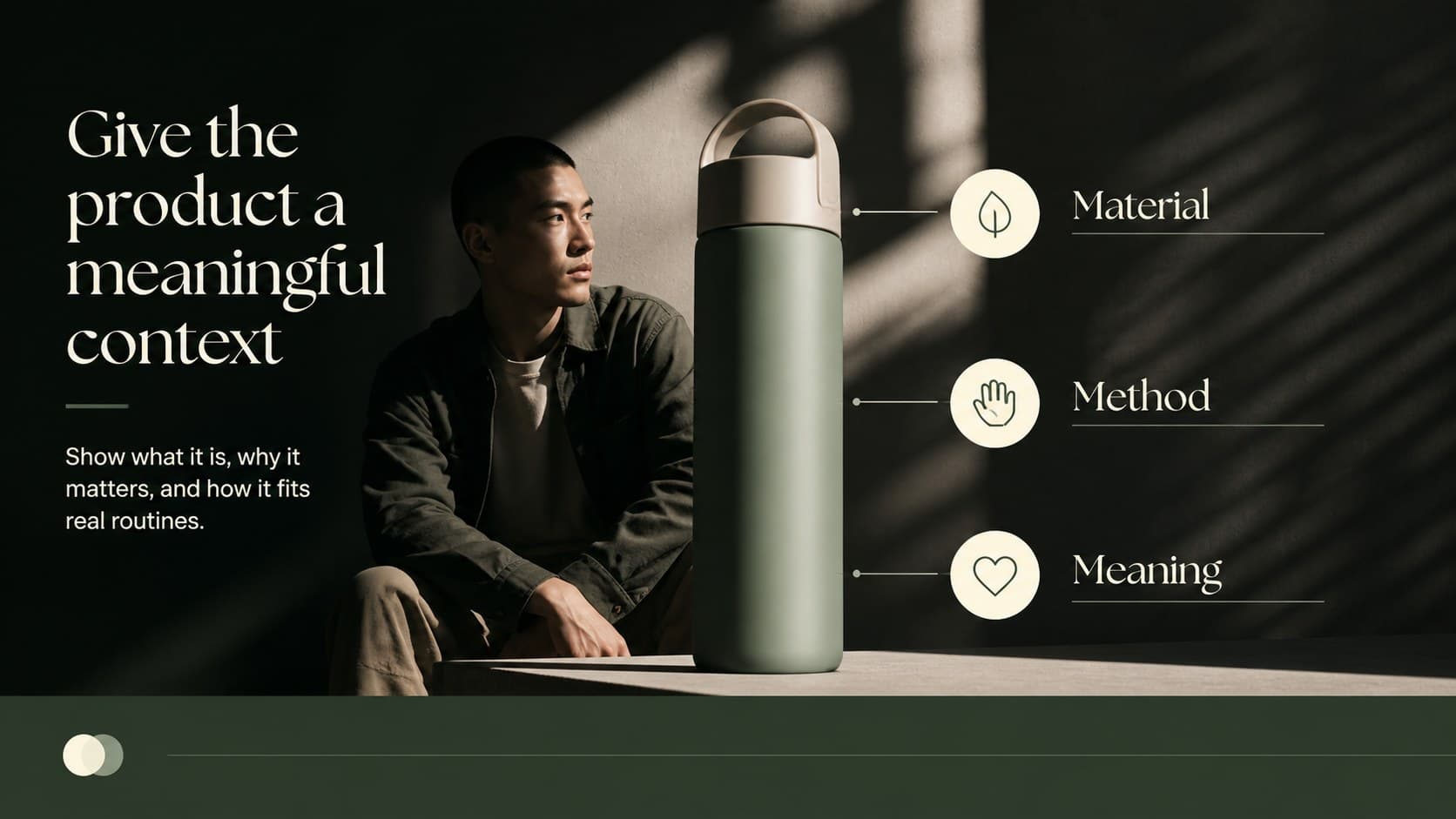Sustainable beauty brand pitch slide featuring a product narrative, supporting facts, and a refined green accent layout.