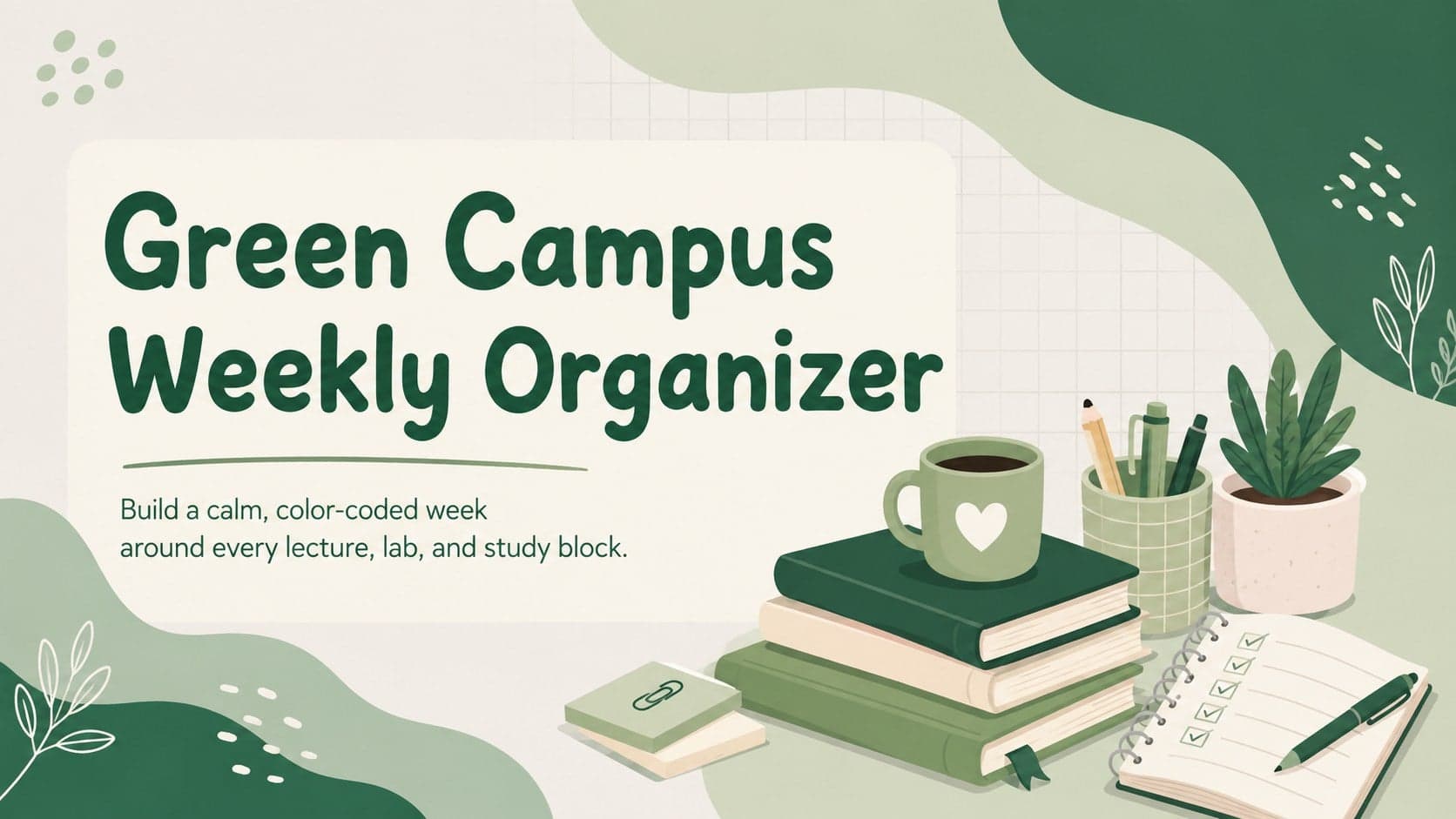 Green campus weekly organizer cover with cheerful academic graphics and a clean student planning theme.