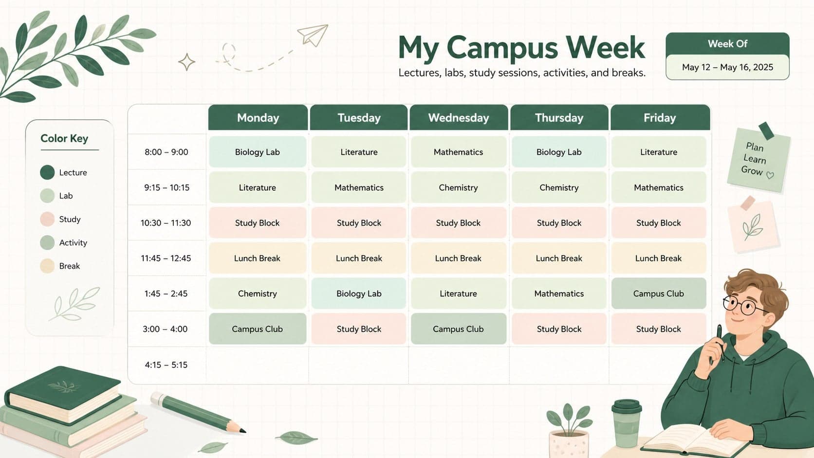 Editable university weekly timetable with green course blocks for lectures, labs, study sessions, and breaks.