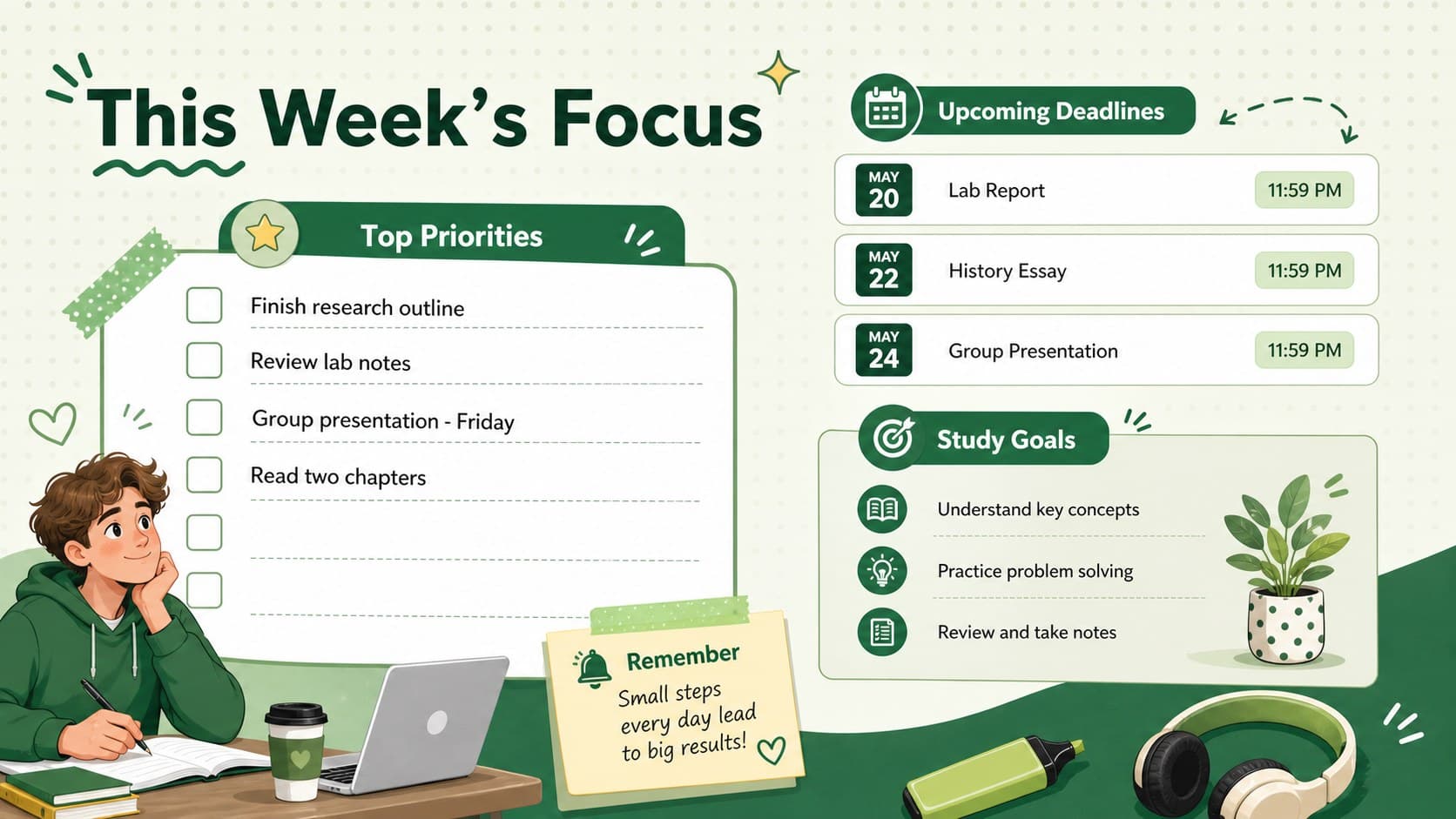 Green student deadline tracker presentation layout showing weekly priorities, assignments, reminders, and study goals.