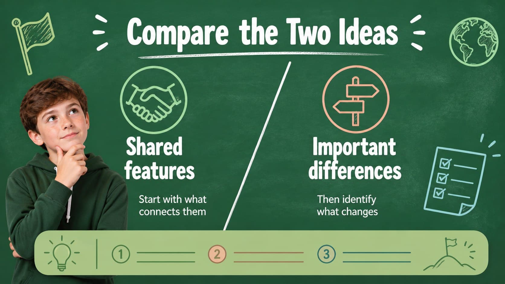 Comparison chart slide showing two classroom concepts in a green educational presentation template.