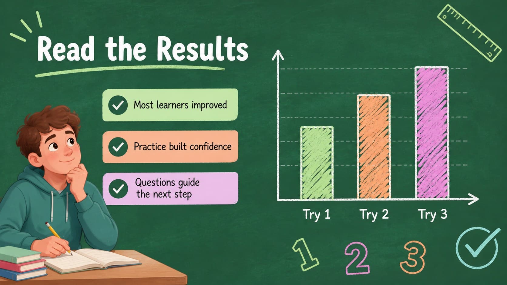 Data visualization slide with a simple bar chart and learning takeaways in a green classroom slide theme.