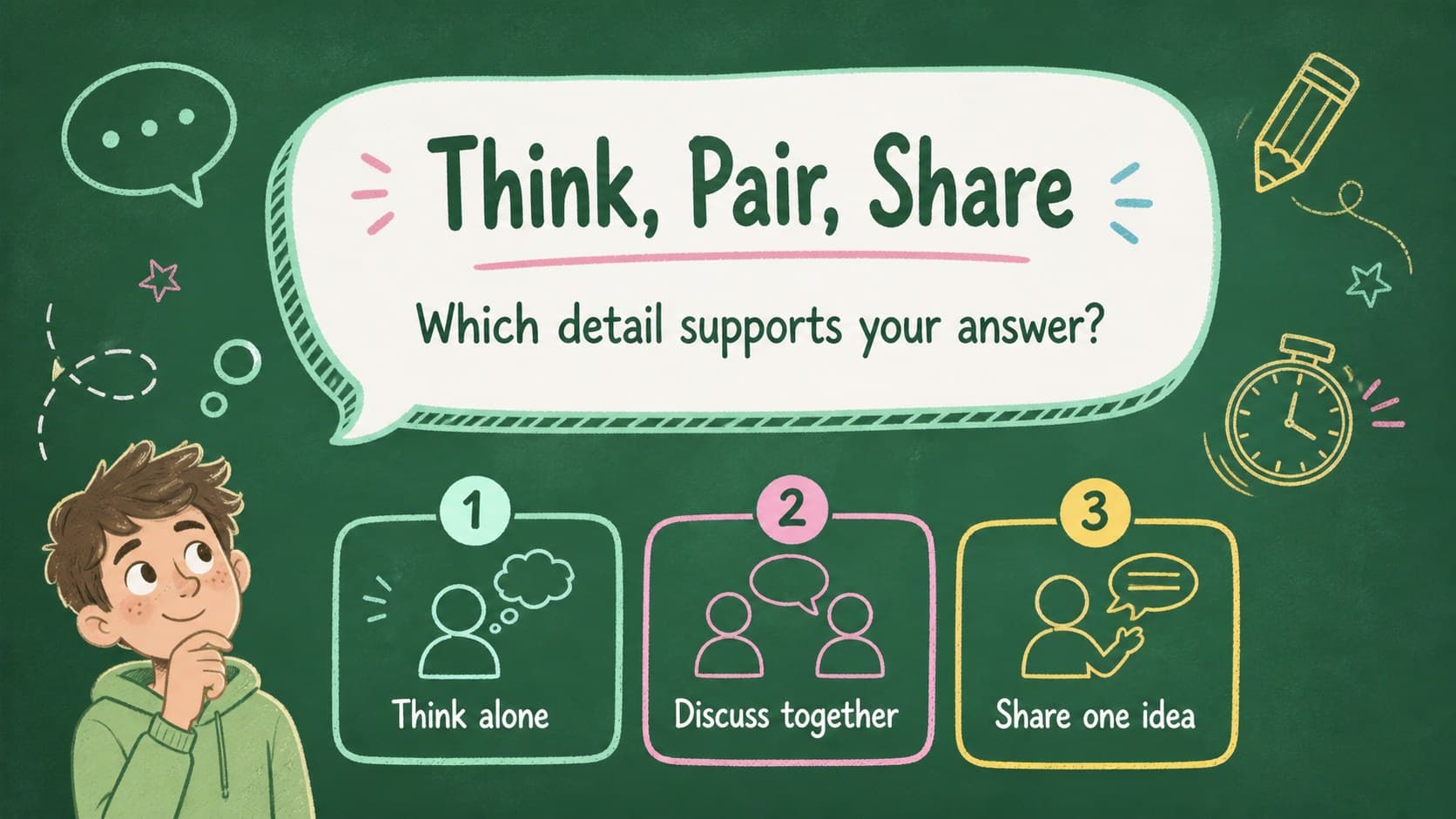 Interactive activity slide with a classroom prompt and response boxes in a doodle teaching presentation template.