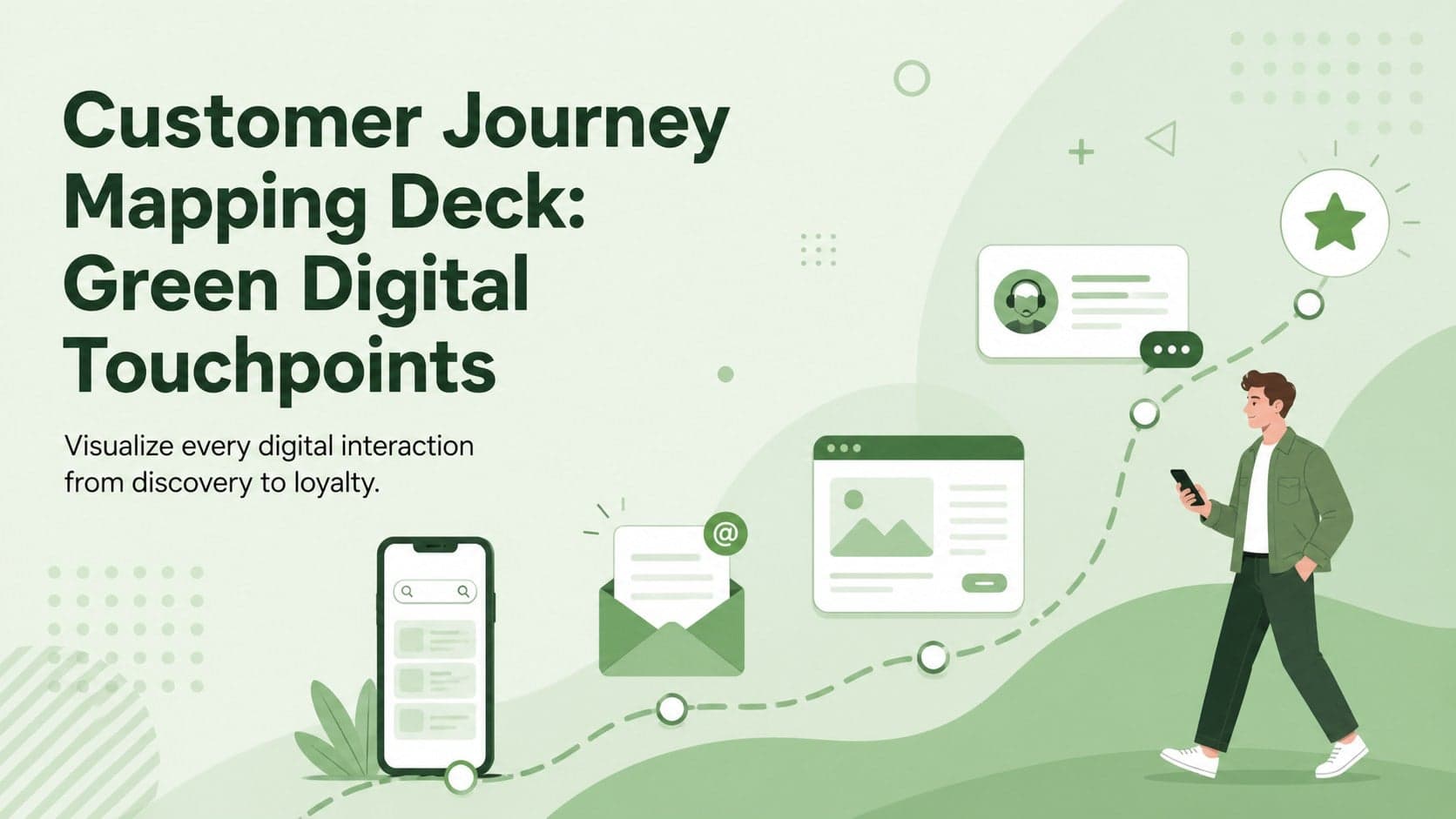 Green customer journey mapping deck cover with illustrated digital touchpoints and a pathway from discovery to loyalty.