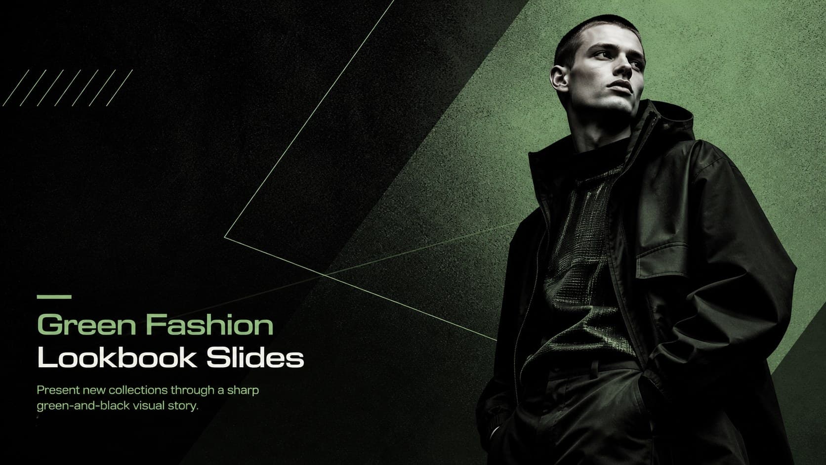 Cover of Green Fashion Lookbook Slides with vivid green editorial texture and a contemporary apparel image.